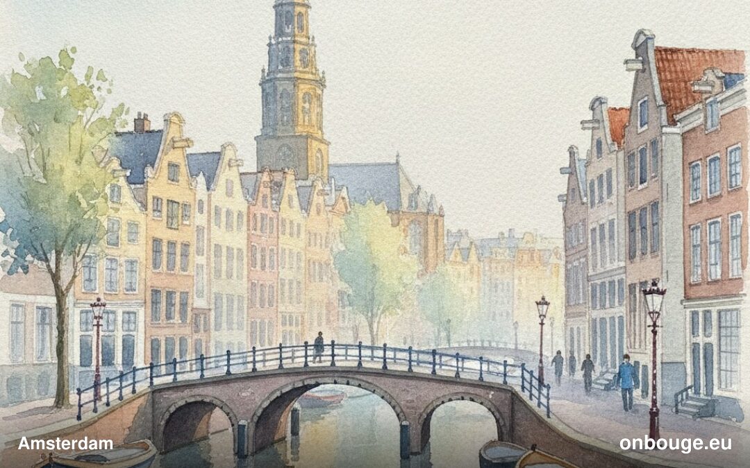 Aquarelle d'Amsterdam, capitale des Pays-Bas, avec ses canaux et maisons à pignons