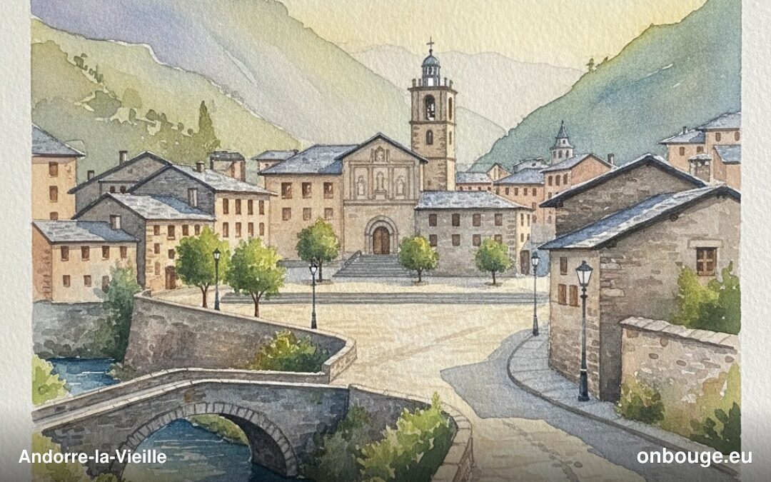 Aquarelle d'Andorre-la-Vieille, capitale de la Principauté d'Andorre, dans les Pyrénées