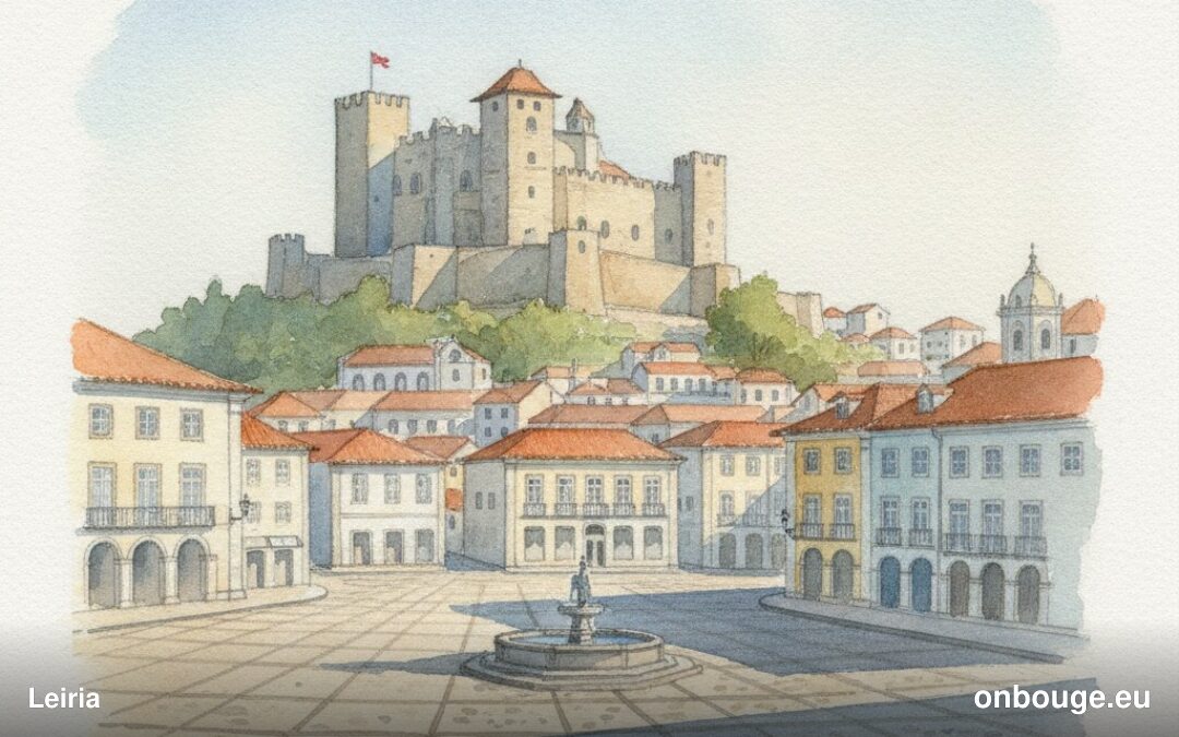 Aquarelle de Leiria et son château médiéval perché sur le rocher, au Portugal