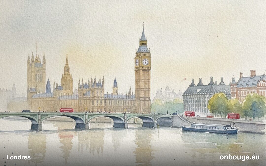 Aquarelle de Londres, capitale du Royaume-Uni, avec la Tamise, Big Ben et Tower Bridge