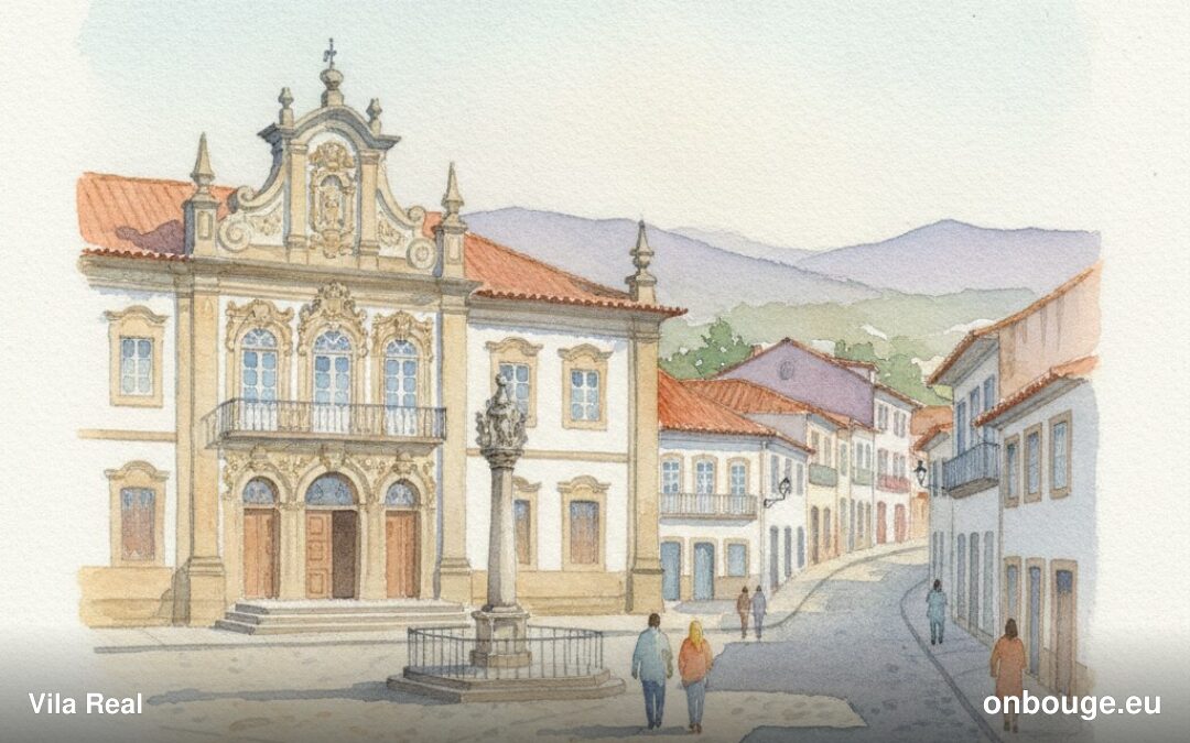 Aquarelle de Vila Real, Trás-os-Montes, Portugal, avec le palais de Mateus en arrière-plan