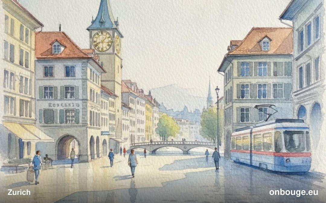 Aquarelle de Zurich, première ville de Suisse, avec le lac et les montagnes en arrière-plan