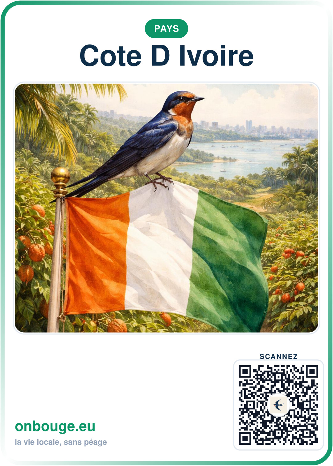 Aquarelle de la Côte d'Ivoire — carte OnBouge avec QR