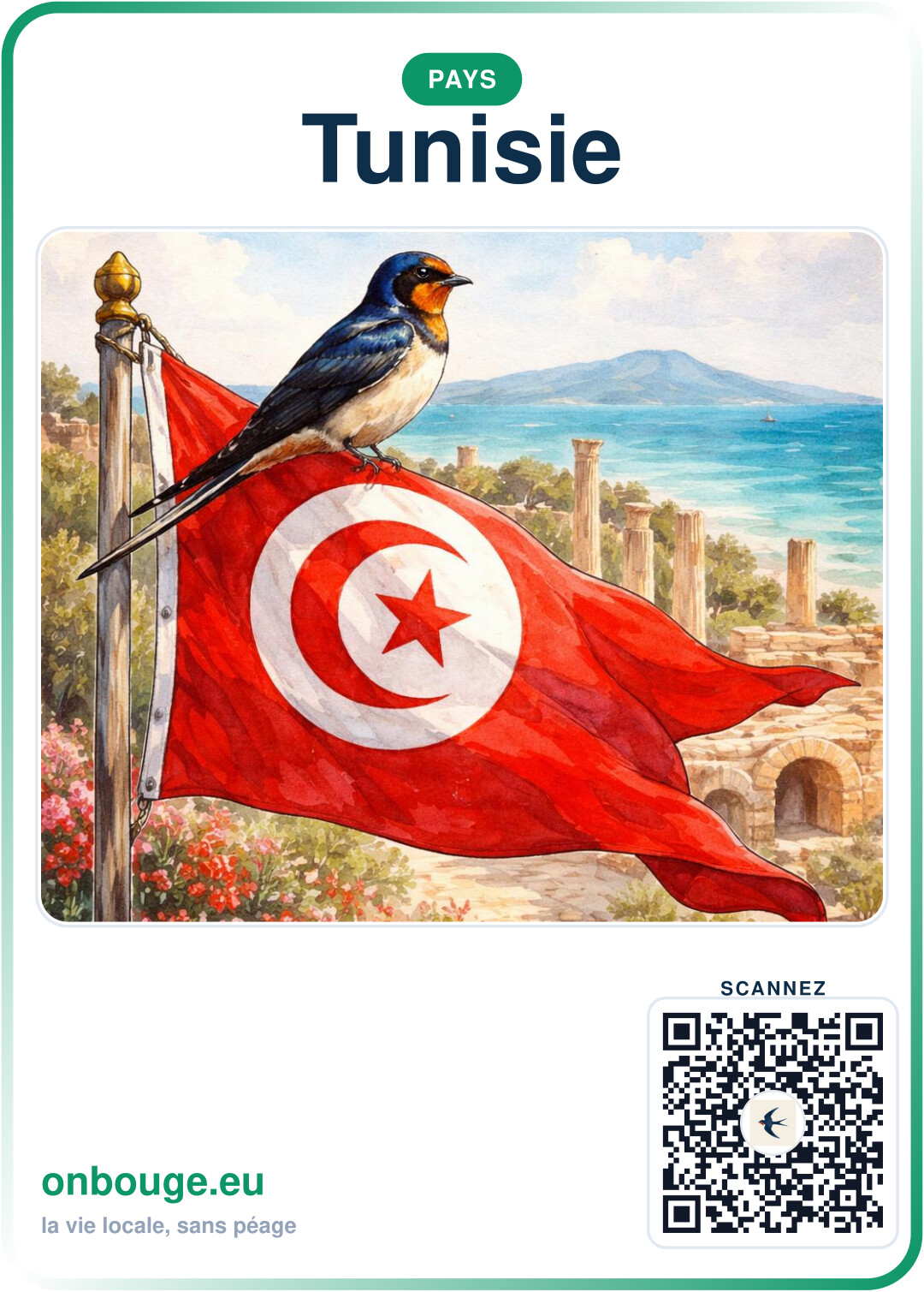 Aquarelle de la Tunisie — carte OnBouge avec QR