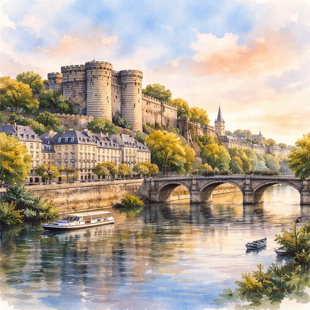 Aquarelle d'Angers, son château et les bords de Maine