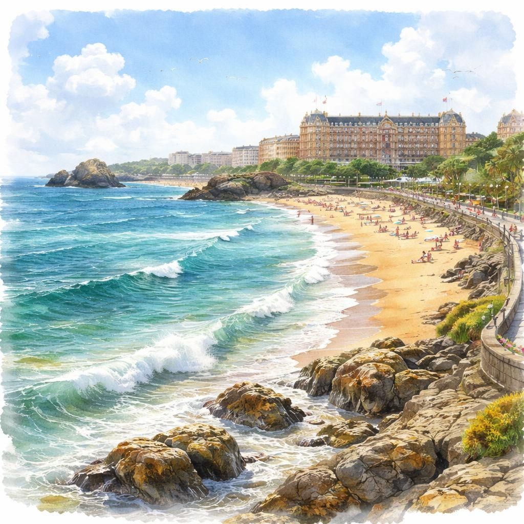 Aquarelle de Biarritz, ses plages de surf et le Rocher de la Vierge