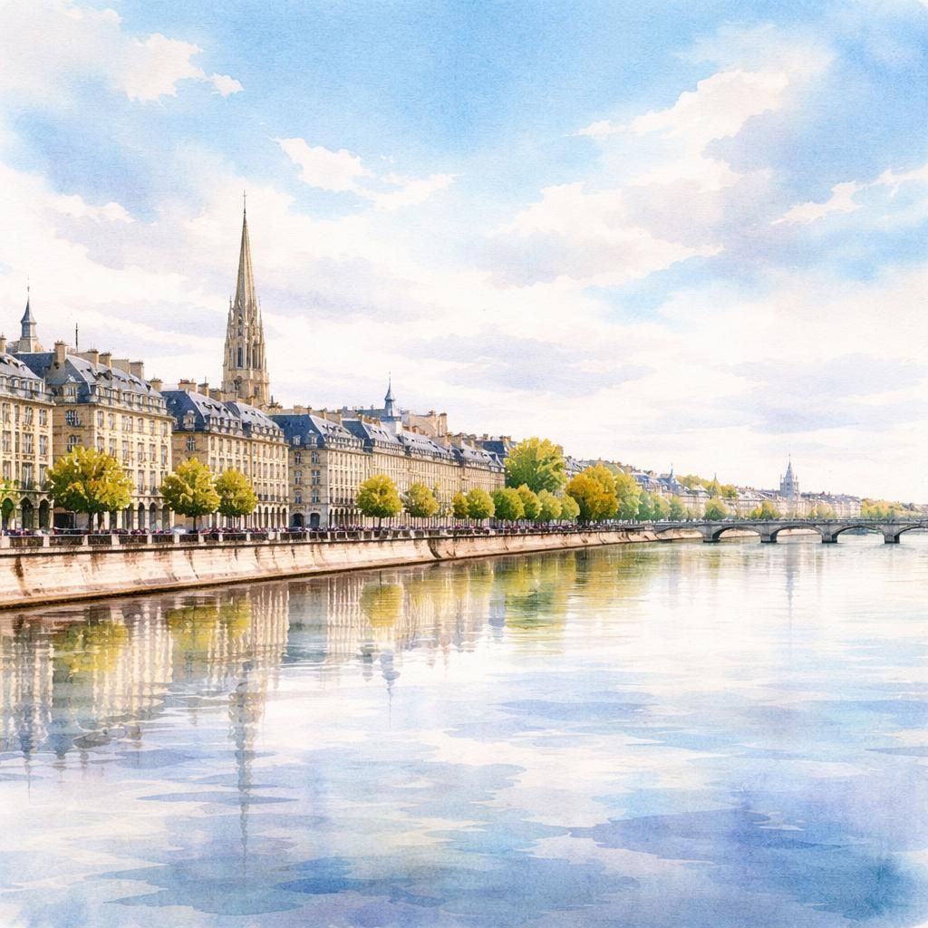 Aquarelle de Bordeaux, ses quais et le miroir d'eau sur la Garonne