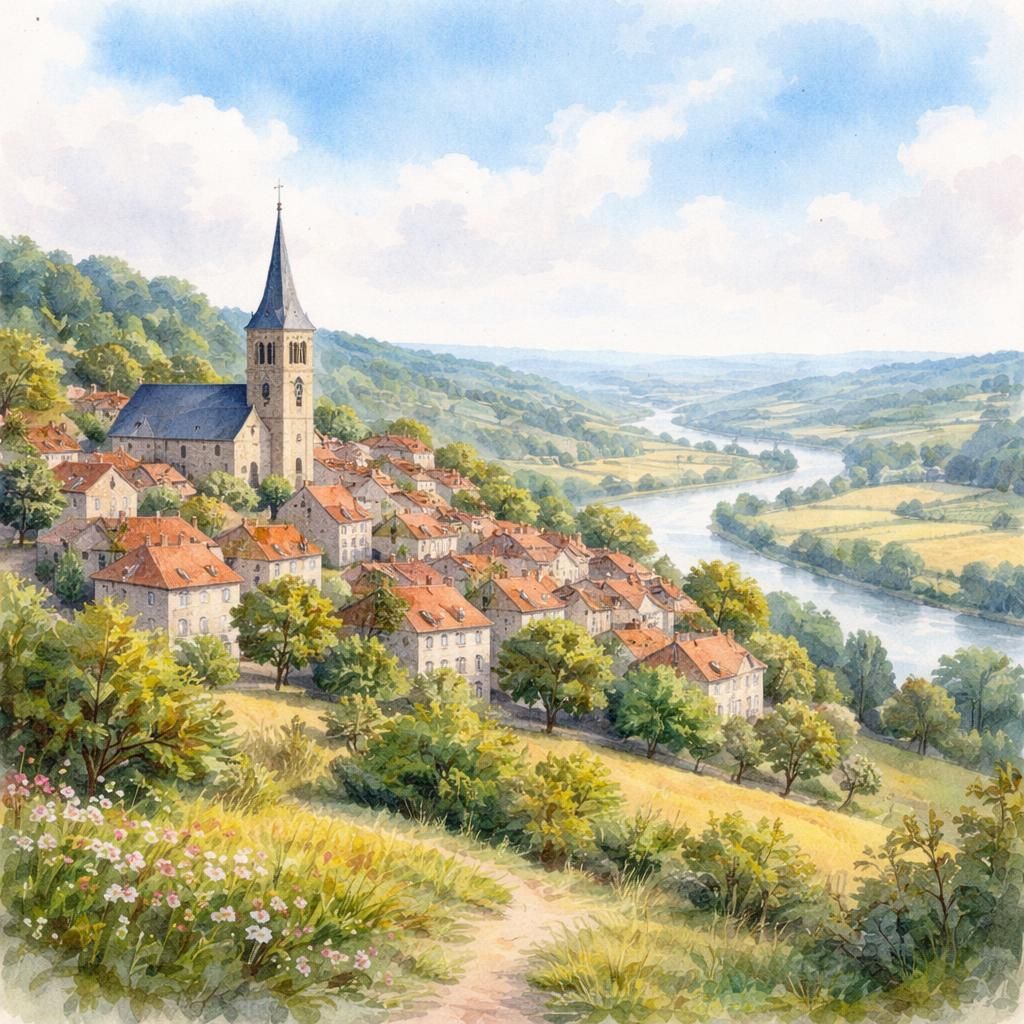 Aquarelle de Bouafle, le bourg perché et l'église dominant la vallée de la Seine