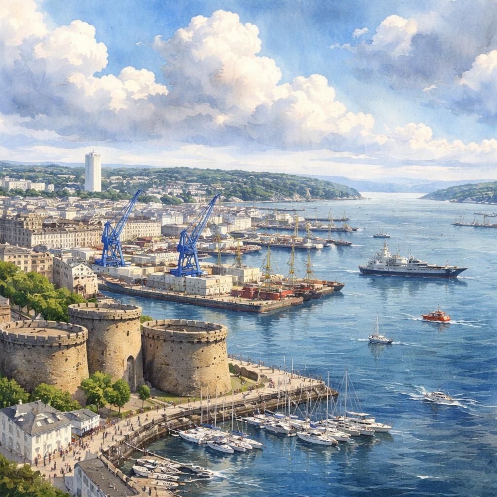 Aquarelle de Brest, son port militaire et sa rade