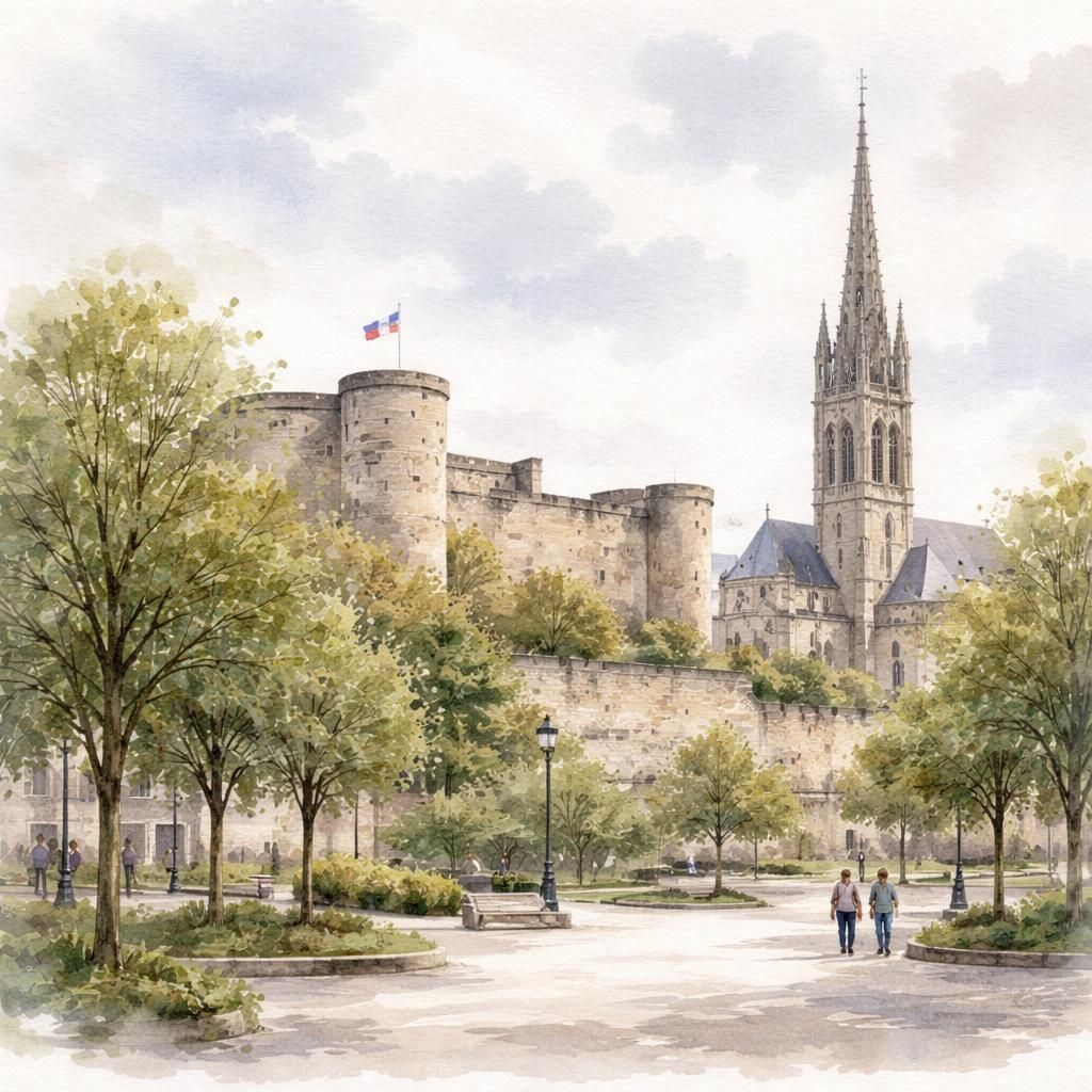 Aquarelle de Caen, préfecture du Calvados, avec son château et ses abbayes normandes