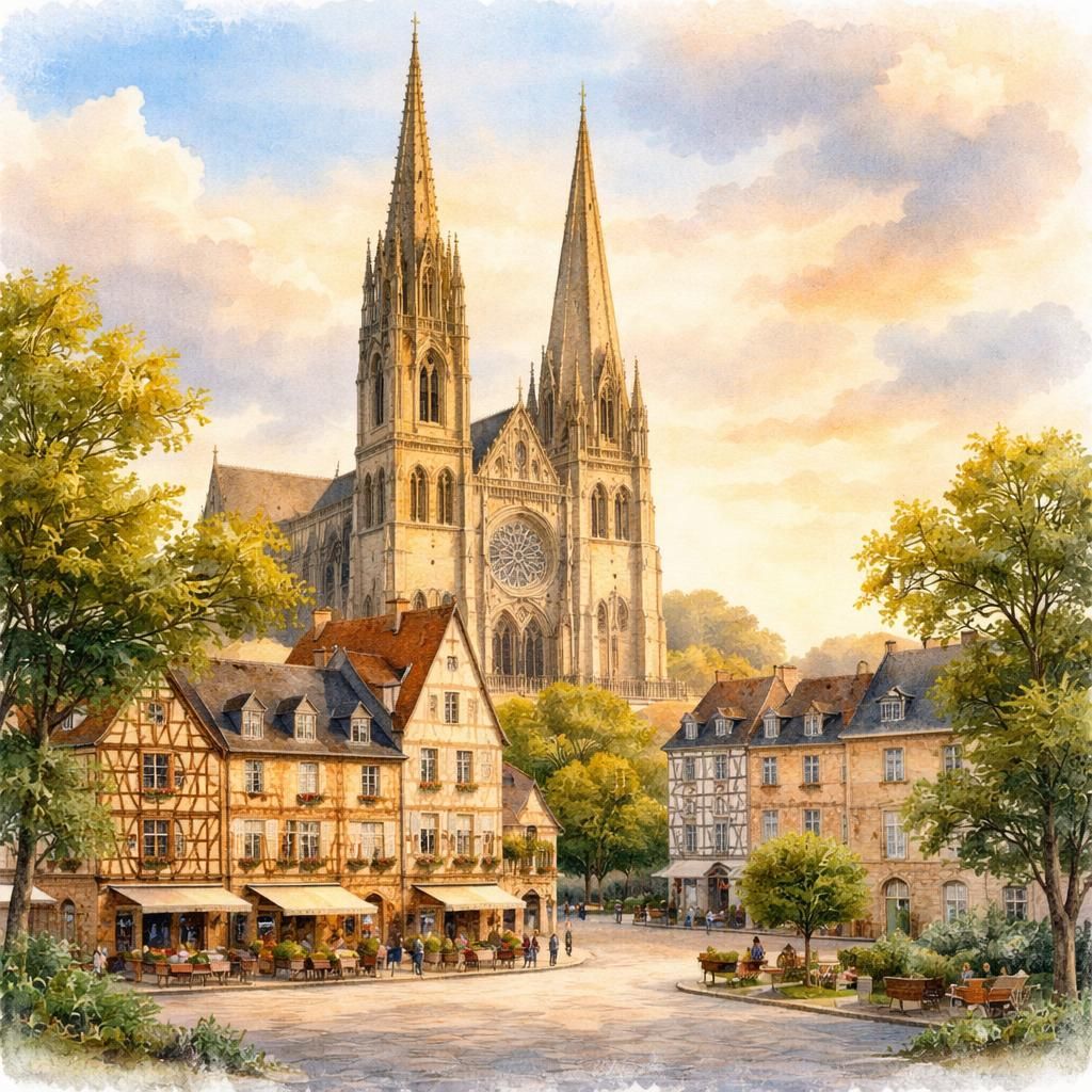 Aquarelle de Chartres, sa cathédrale Notre-Dame et la vieille ville au bord de l'Eure
