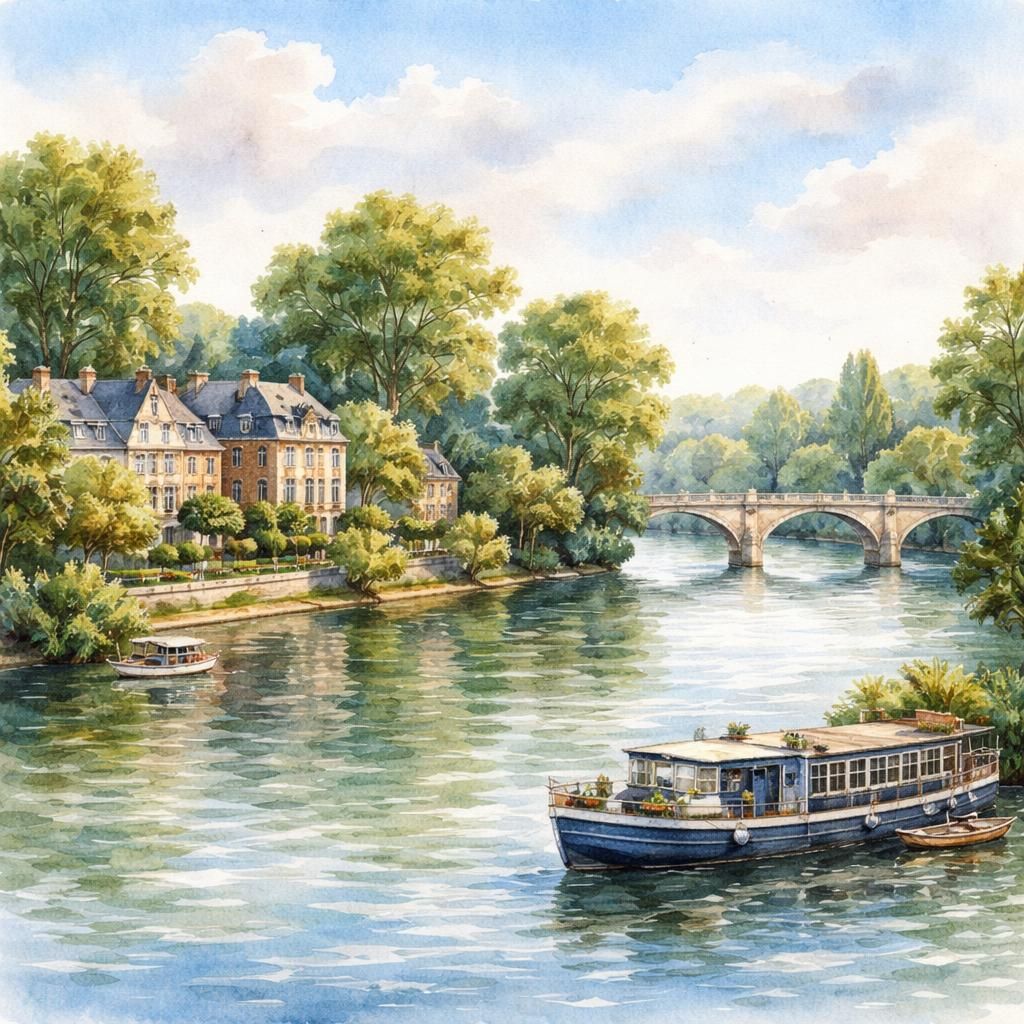 Aquarelle de Chatou, ses bords de Seine et l'île des Impressionnistes