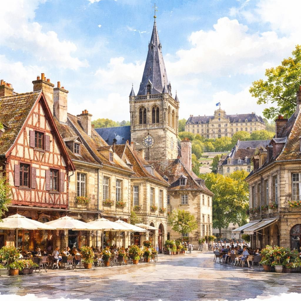 Aquarelle de Dijon, ses toits vernissés et le palais des Ducs