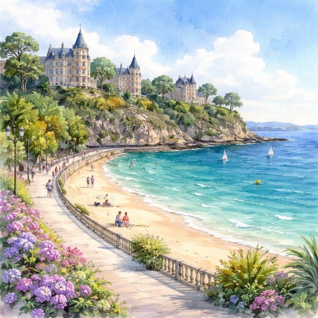 Aquarelle de Dinard, ses villas Belle Époque dominant la baie face à Saint-Malo