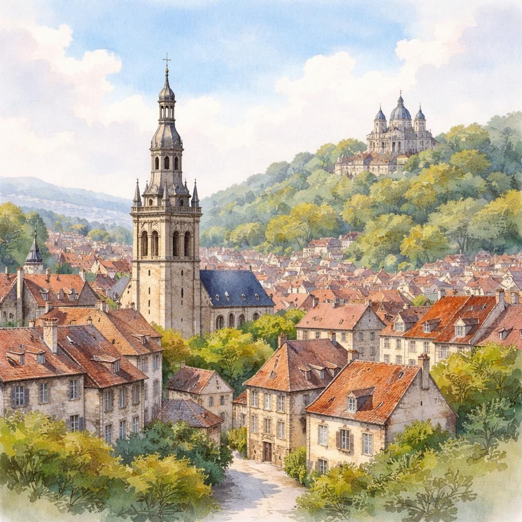 Aquarelle de Dreux, sous-préfecture d'Eure-et-Loir, avec le beffroi Renaissance et la chapelle royale Saint-Louis sur la colline