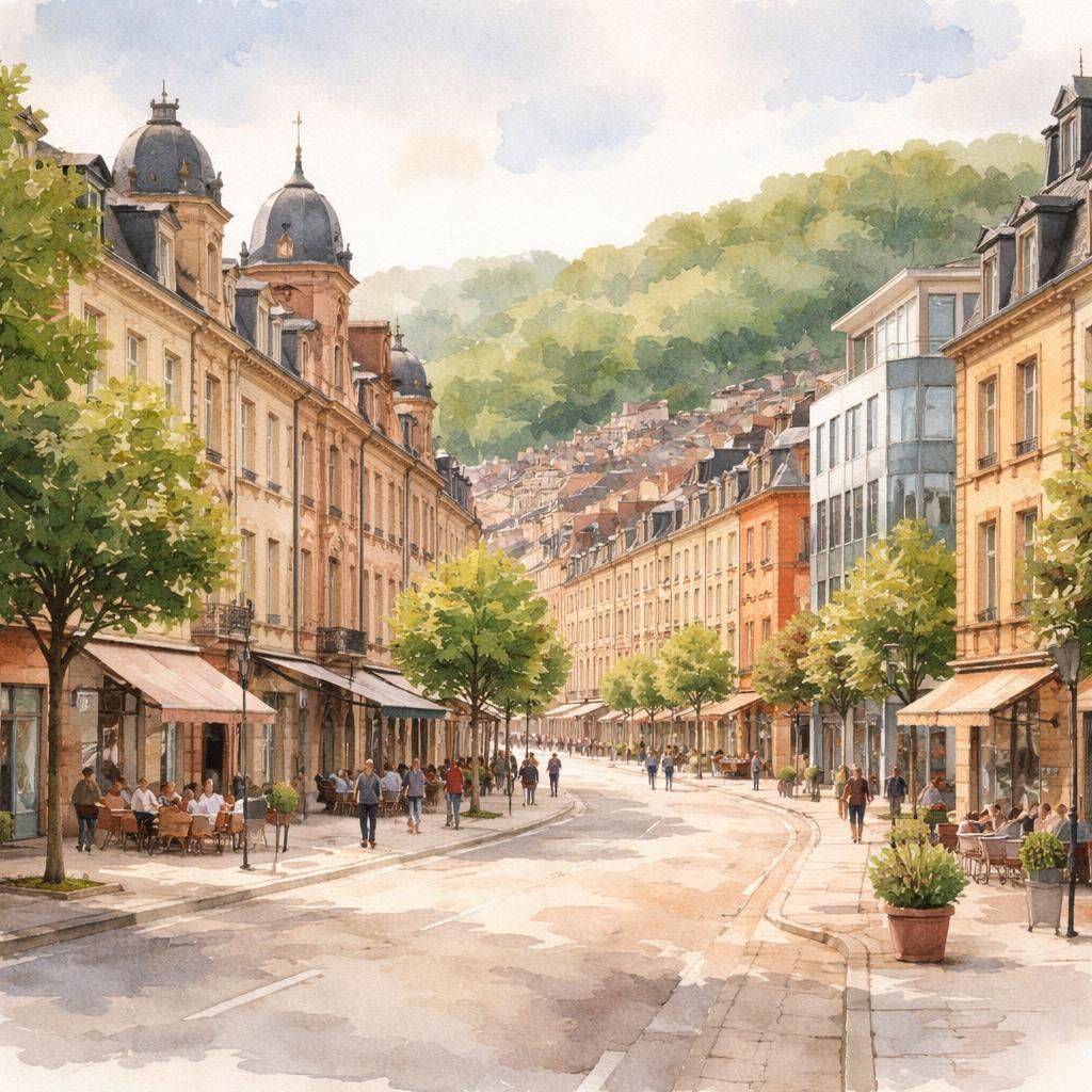 Aquarelle d'Esch-sur-Alzette, deuxième ville du Grand-Duché de Luxembourg