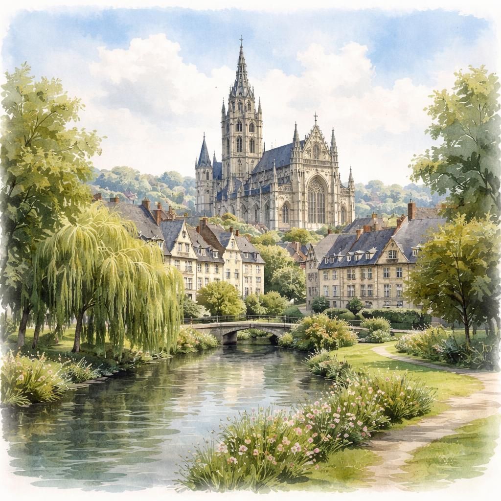 Aquarelle d'Évreux, préfecture de l'Eure, avec la cathédrale Notre-Dame, l'Iton et son saule pleureur