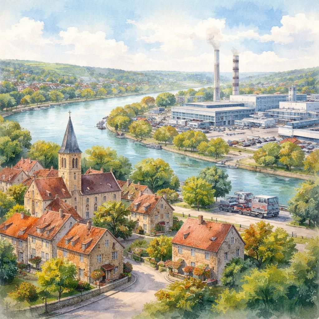 Aquarelle de Flins-sur-Seine, village et horizon de la vallée de la Seine