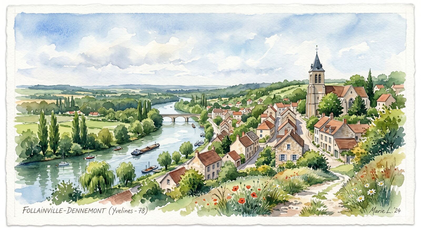 Follainville-Dennemont — acuarela — Francia