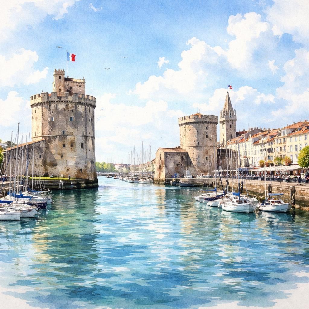 Aquarelle de La Rochelle, son Vieux-Port et ses tours médiévales