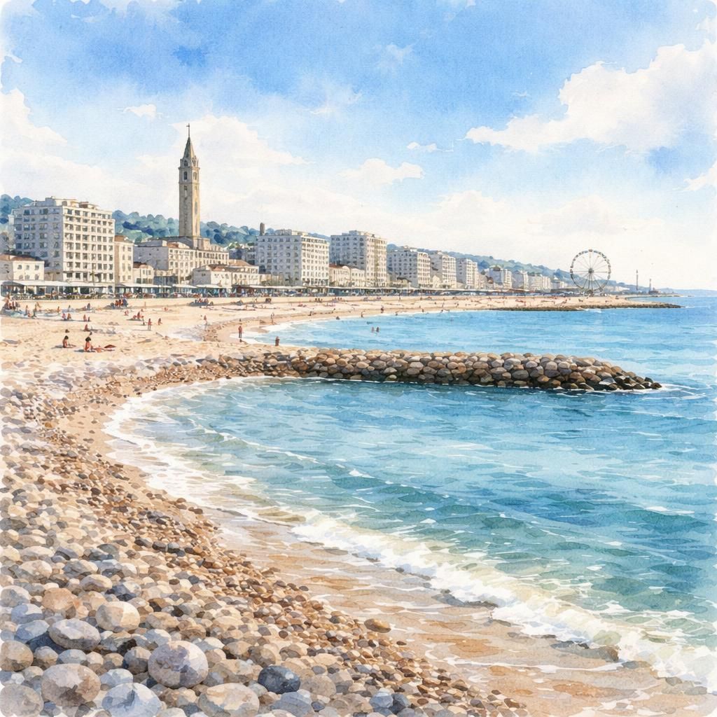 Aquarelle du Havre, grand port sur la Manche, avec son centre reconstruit par Auguste Perret