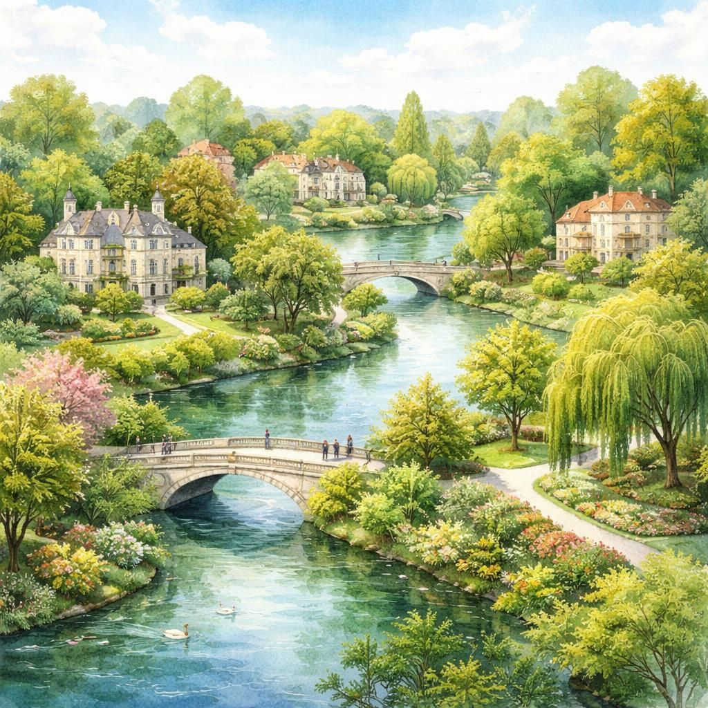 Aquarelle du Vésinet, ses lacs, rivières et grandes villas dans la verdure