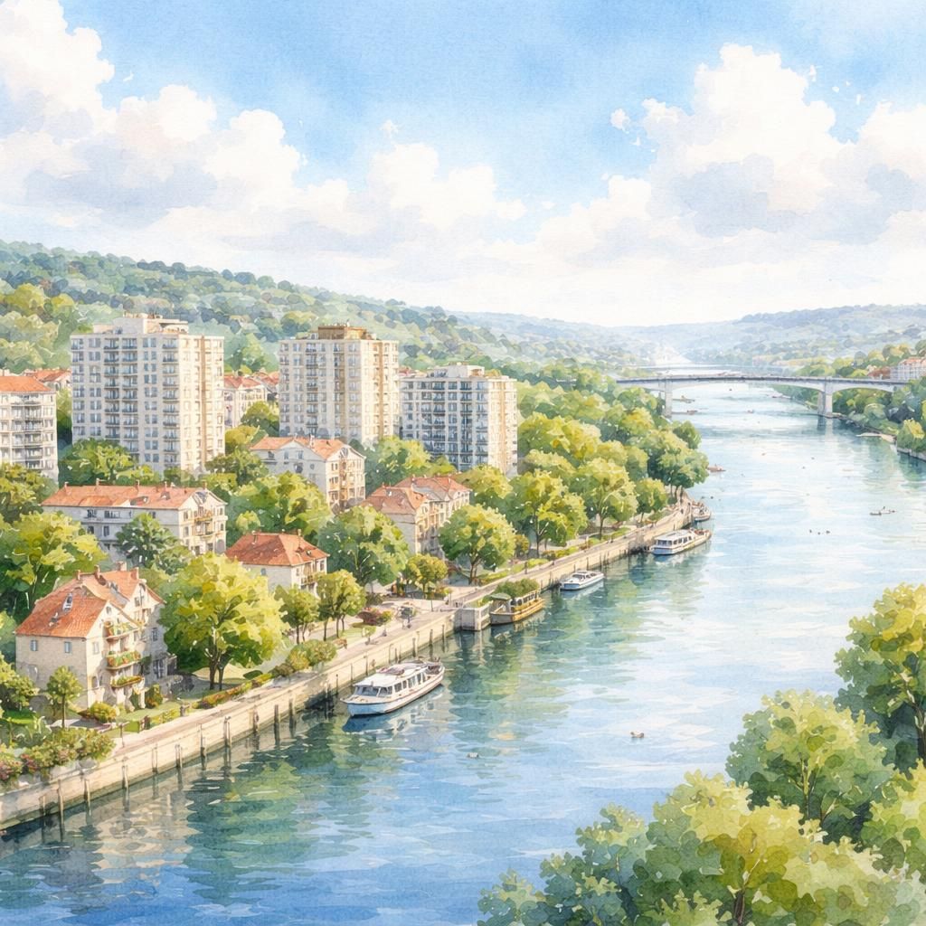 Aquarelle des Mureaux, bords de Seine et horizon des Yvelines