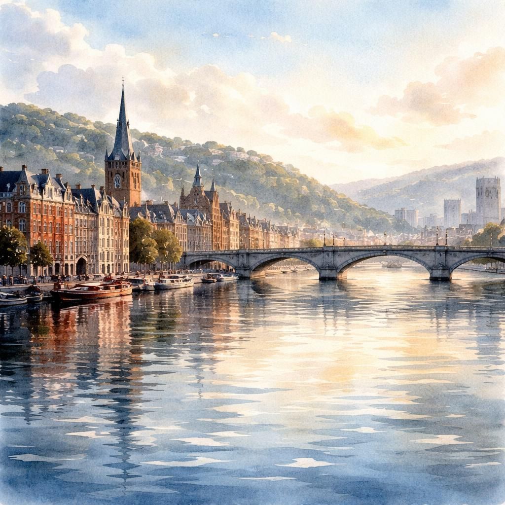 Aquarelle de Liège, métropole wallonne sur les bords de la Meuse