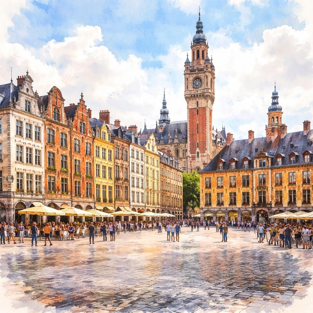 Aquarelle de Lille, sa Grand-Place et ses façades flamandes
