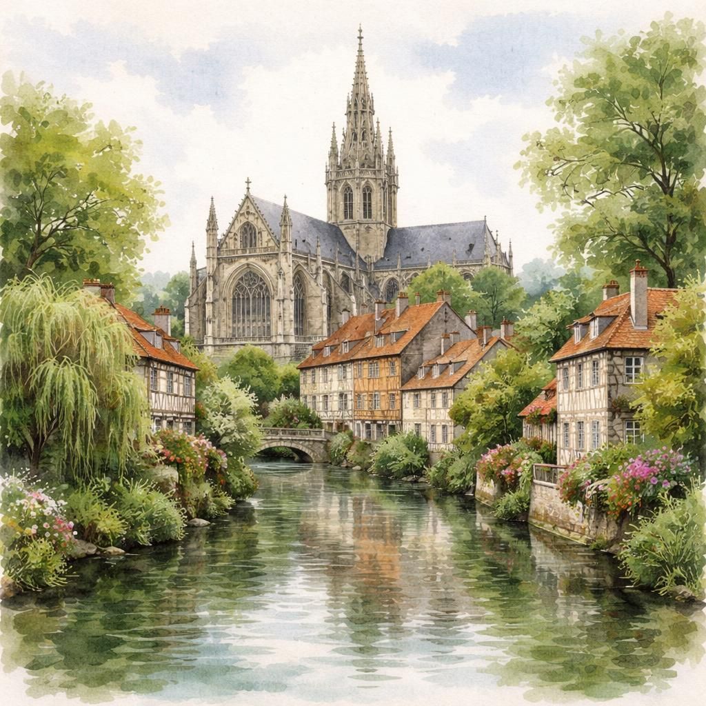 Aquarelle de Louviers, ville de l'Eure traversée par la rivière Eure