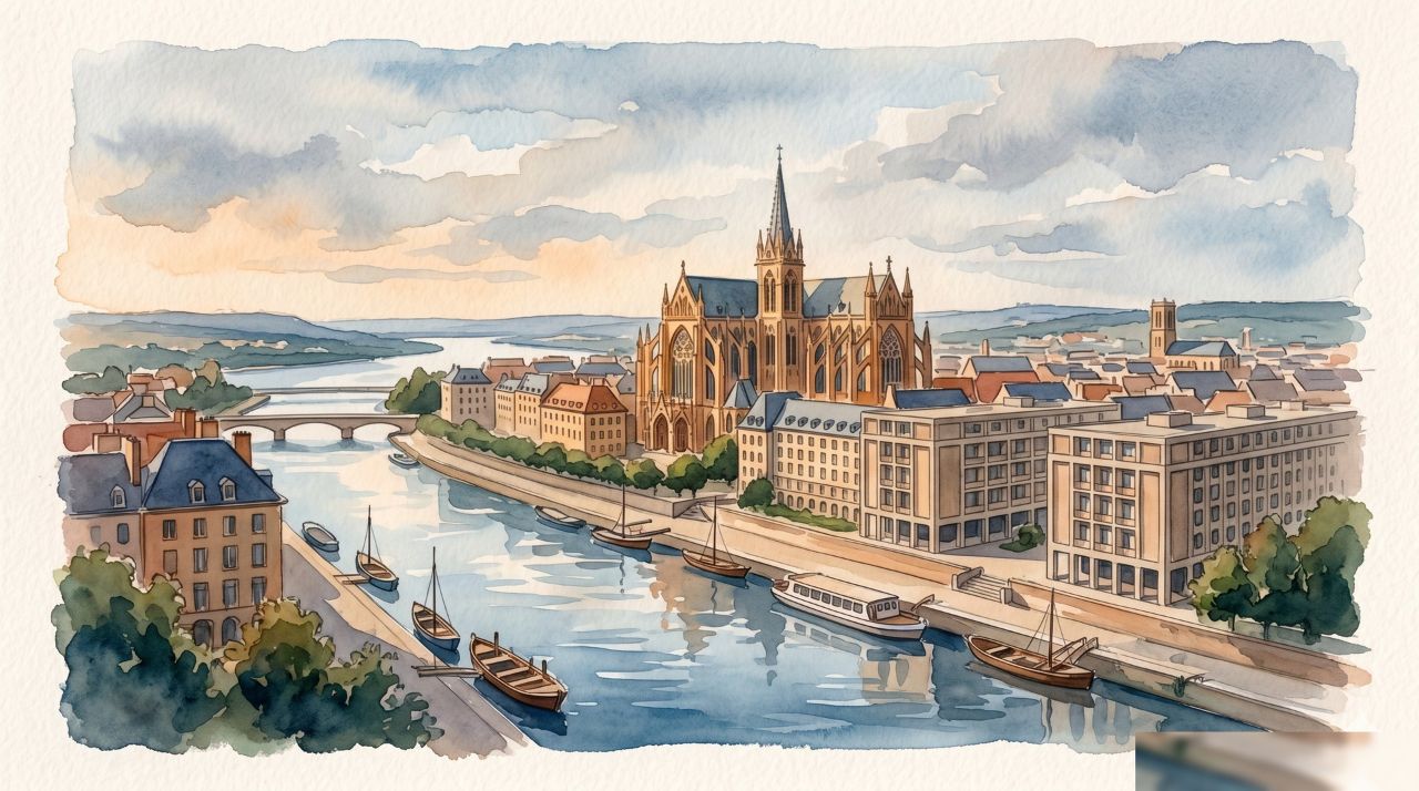 Aquarelle de Metz, sa cathédrale Saint-Étienne et les bords de Moselle
