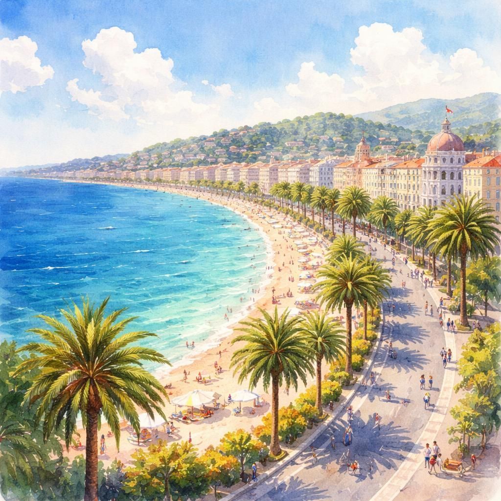 Aquarelle de Nice, la Promenade des Anglais et la baie des Anges