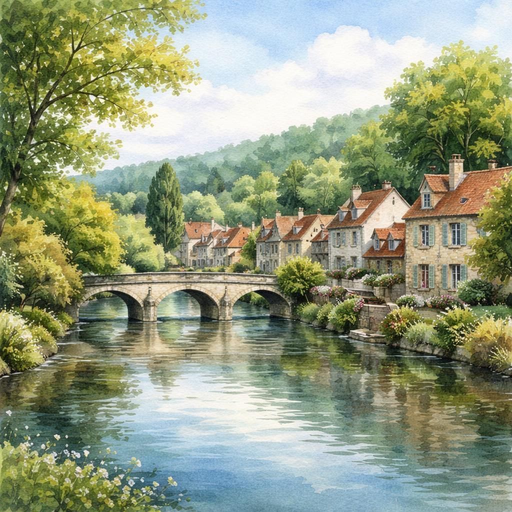 Aquarelle de Pacy-sur-Eure, petite ville de l'Eure en bord de rivière, avec son pont et ses maisons en pierre