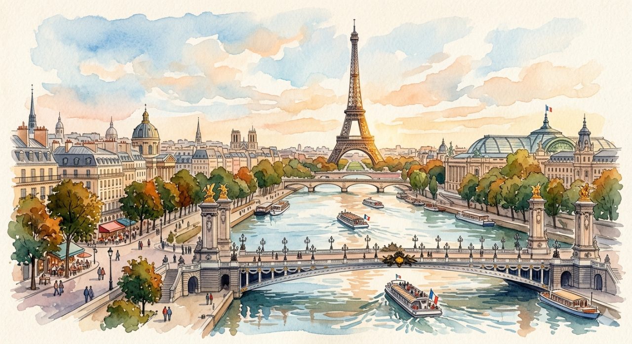 Aquarelle de Paris, capitale de la France