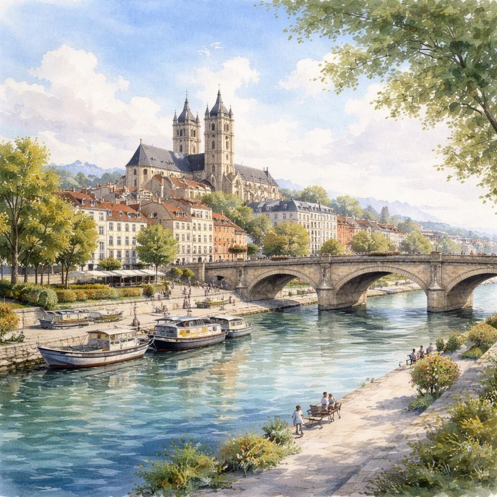 Aquarelle de Poissy, ses bords de Seine et la Collégiale Notre-Dame