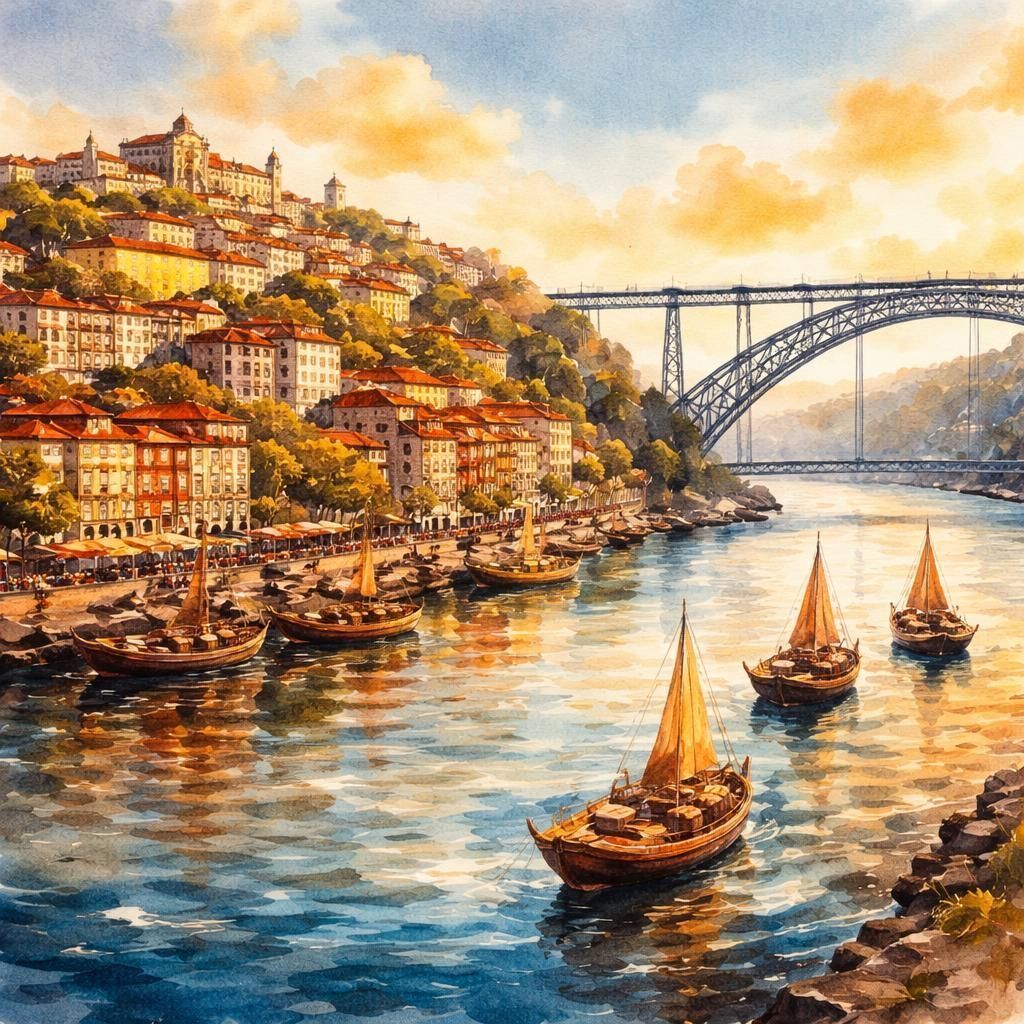 Aguarela do Porto, com as casas à beira do Douro e a Ponte Dom Luís I