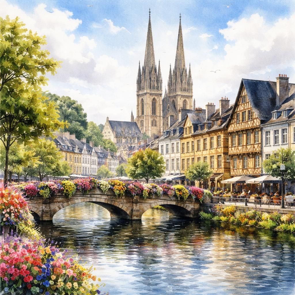 Aquarelle de Quimper, sa cathédrale et ses maisons à pans de bois au bord de l'Odet