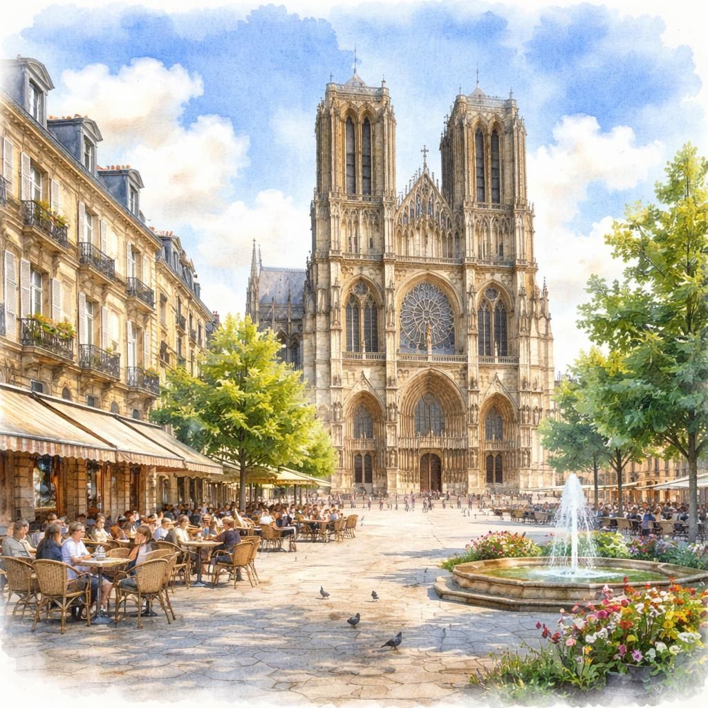 Aquarelle de Reims, sa cathédrale gothique des sacres