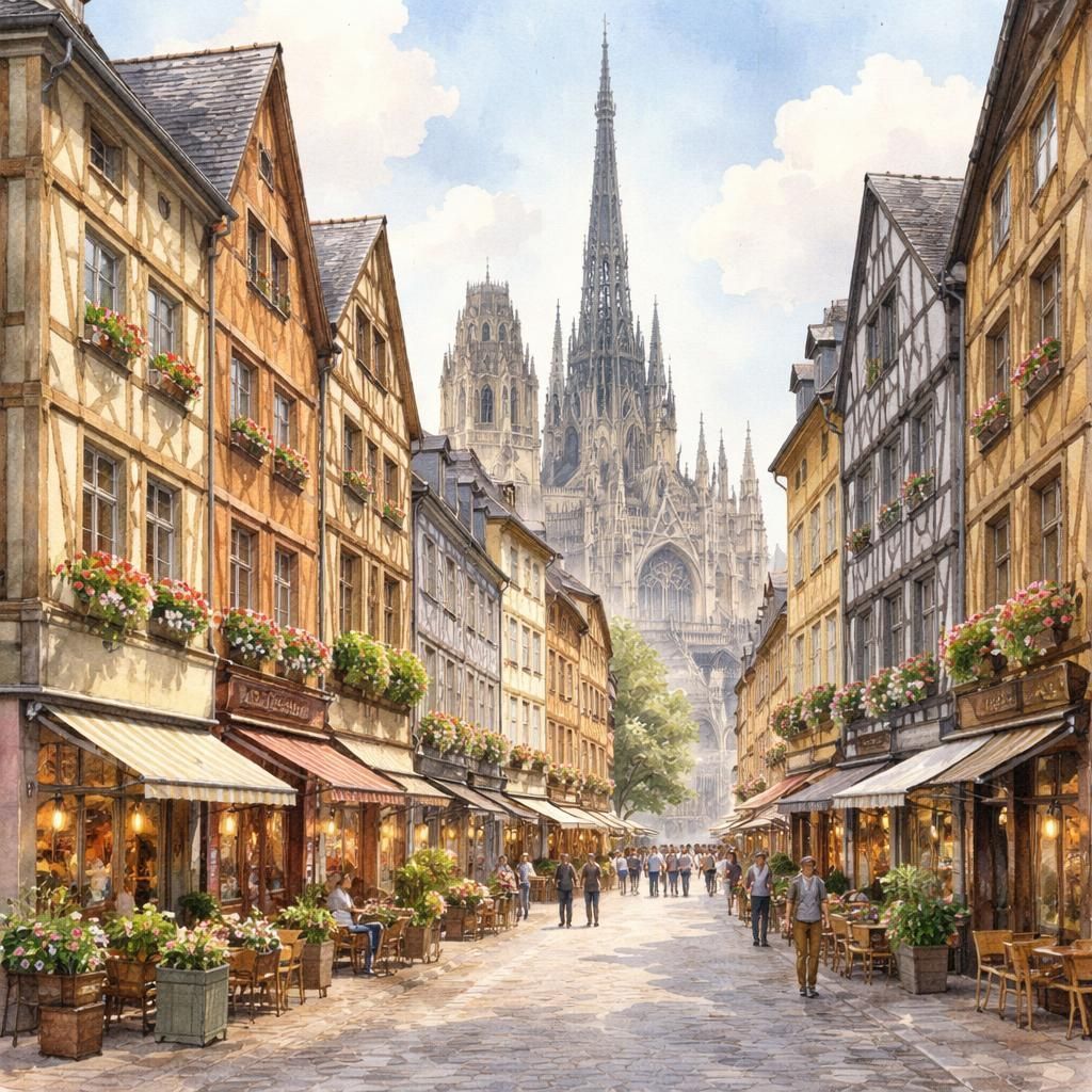 Aquarelle de Rouen, capitale de la Normandie, avec sa cathédrale et ses maisons à colombages au bord de la Seine