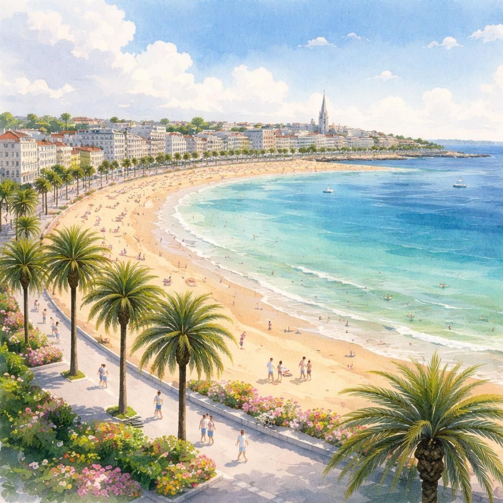 Aquarelle de Royan, sa grande plage en arc et son architecture des années 50