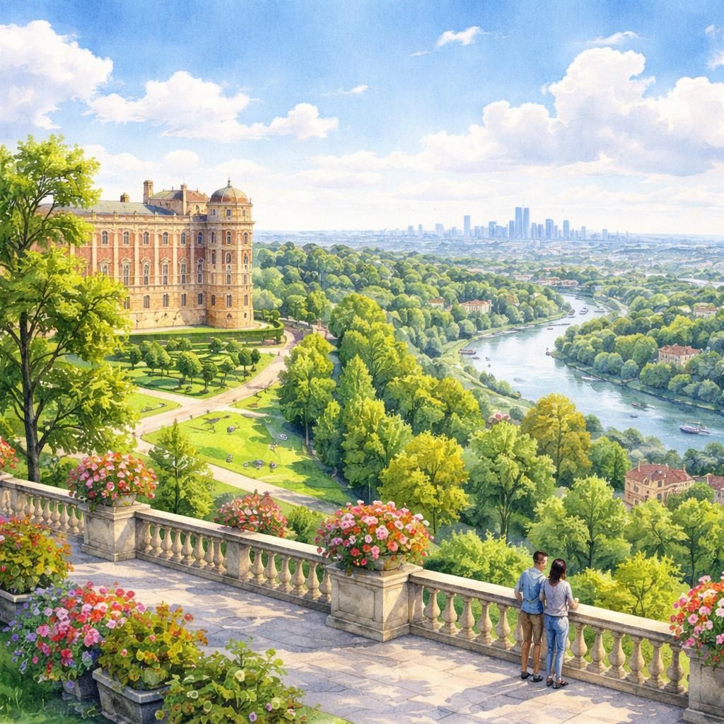 Aquarelle de Saint-Germain-en-Laye, son château et sa terrasse au-dessus de la Seine