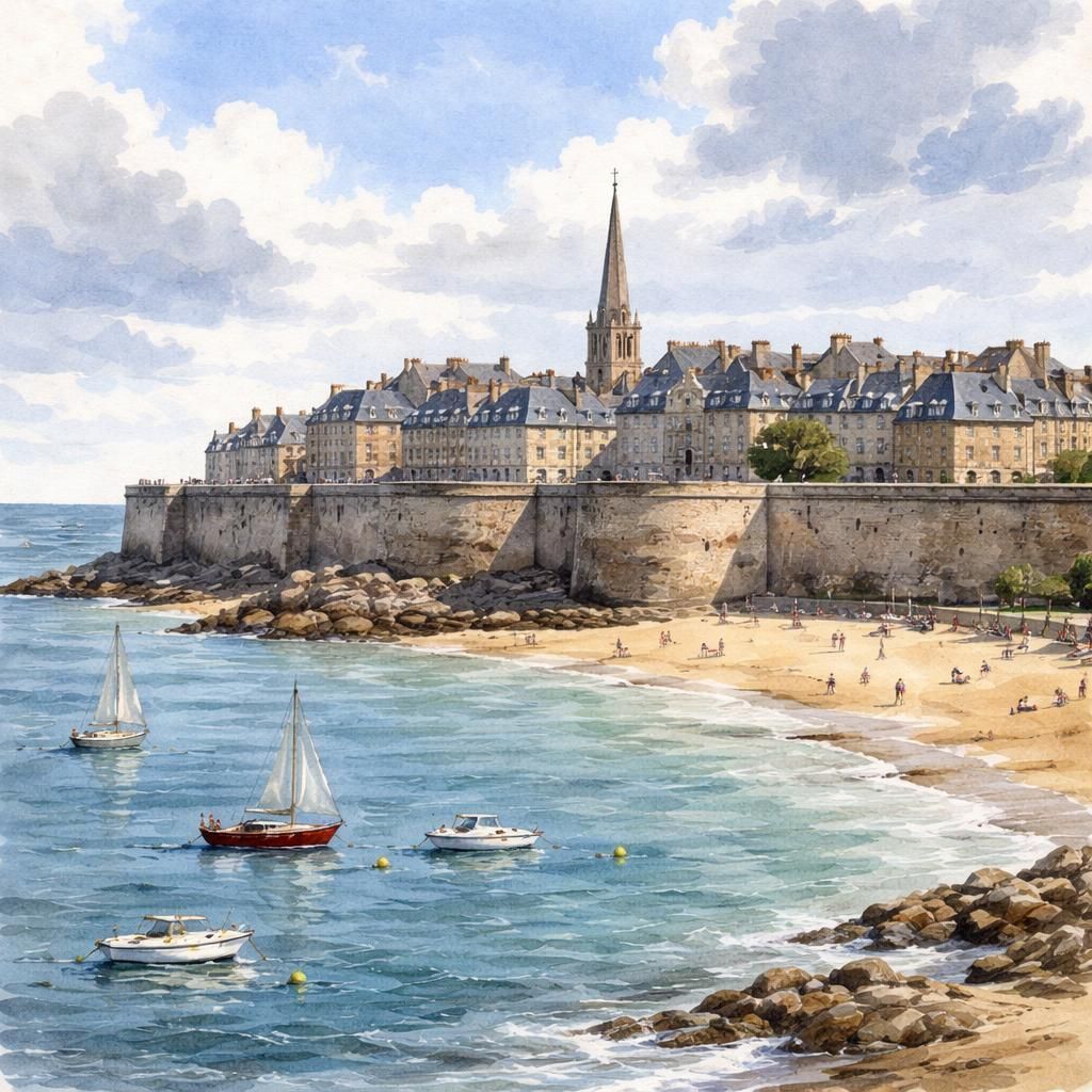 Aquarelle de Saint-Malo, ses remparts et la cité corsaire face à la mer