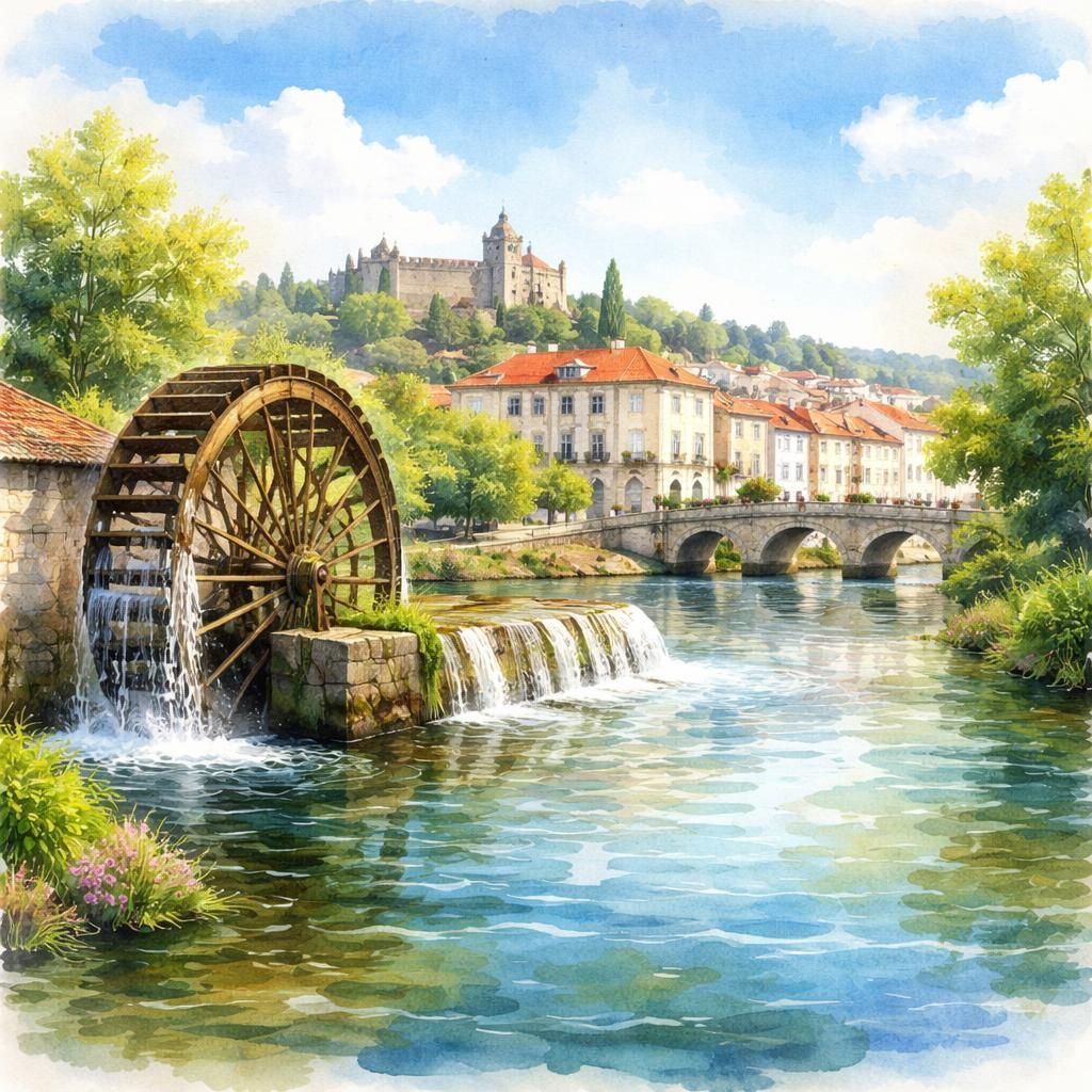 Aguarela de Tomar, cidade dos Templários, com o Convento de Cristo e o rio Nabão