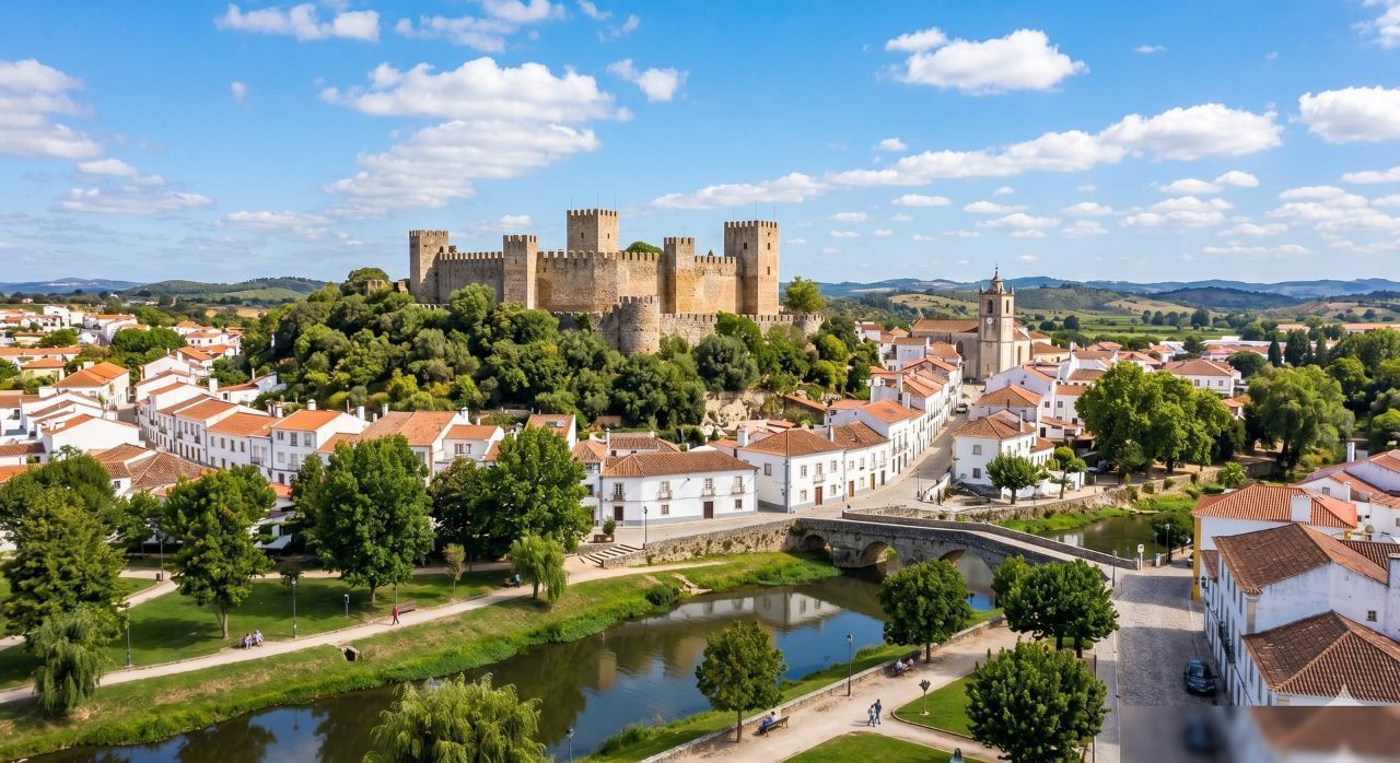 Vista de Torres Novas, o castelo e o rio Almonda
