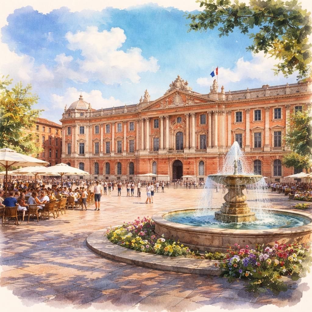Aquarelle de Toulouse, la Ville rose au bord de la Garonne