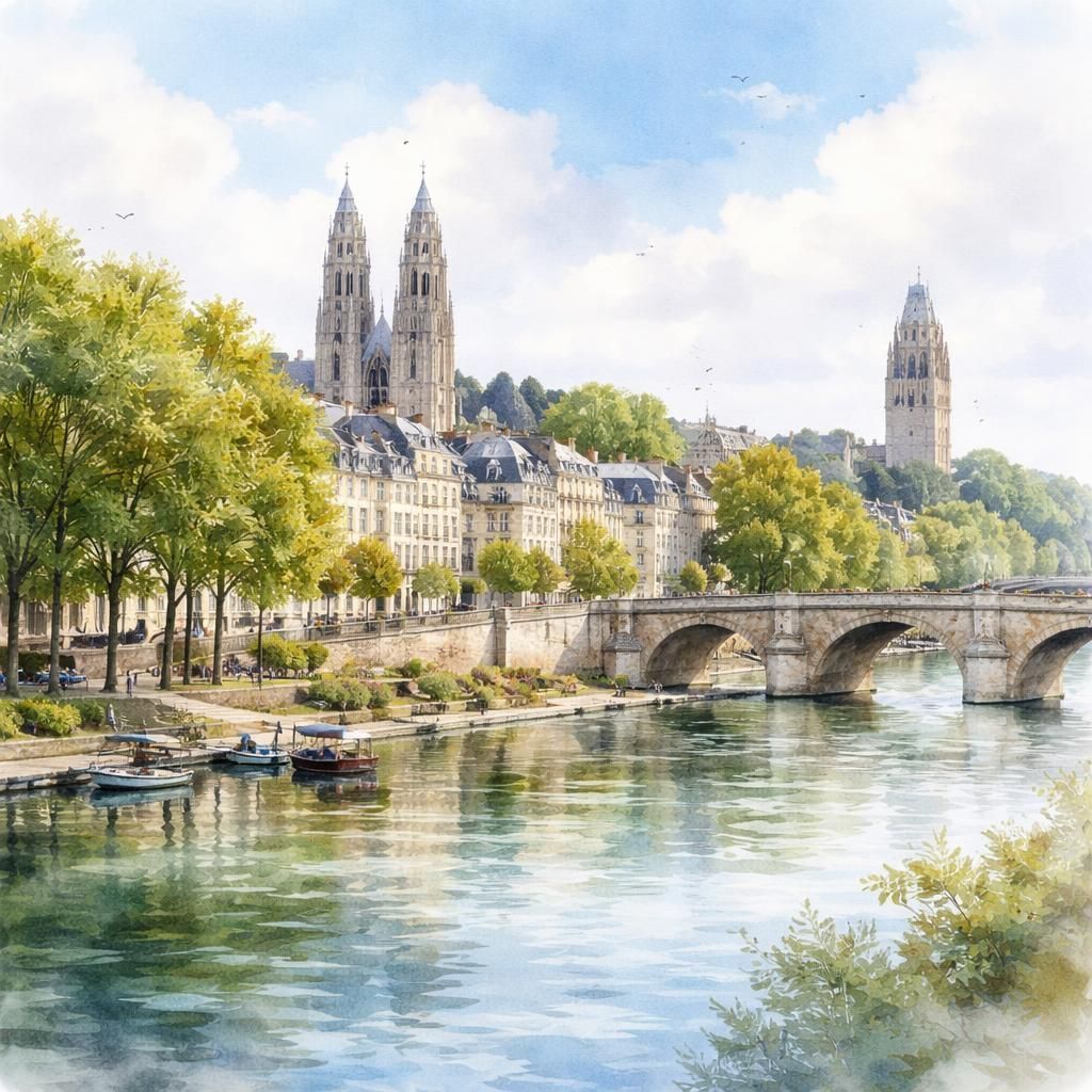 Aquarelle de Tours, ses bords de Loire et le Vieux-Tours