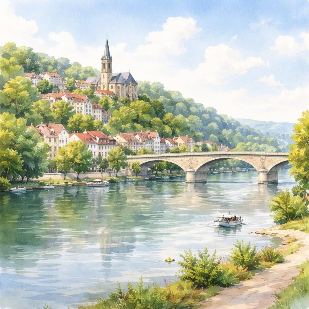 Aquarelle de Triel-sur-Seine, l'église dominant les maisons et la vallée de la Seine