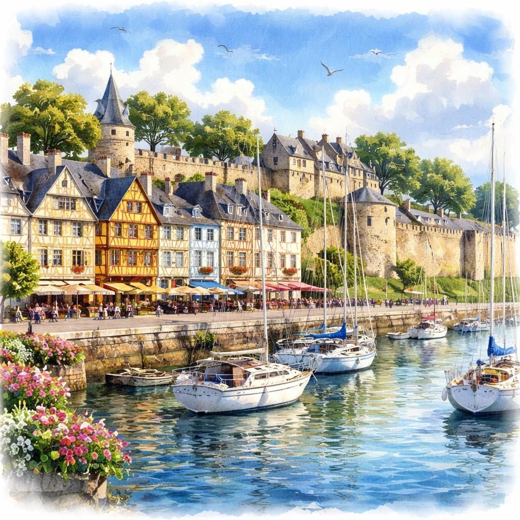 Aquarelle de Vannes, ses remparts et son port sur le golfe du Morbihan