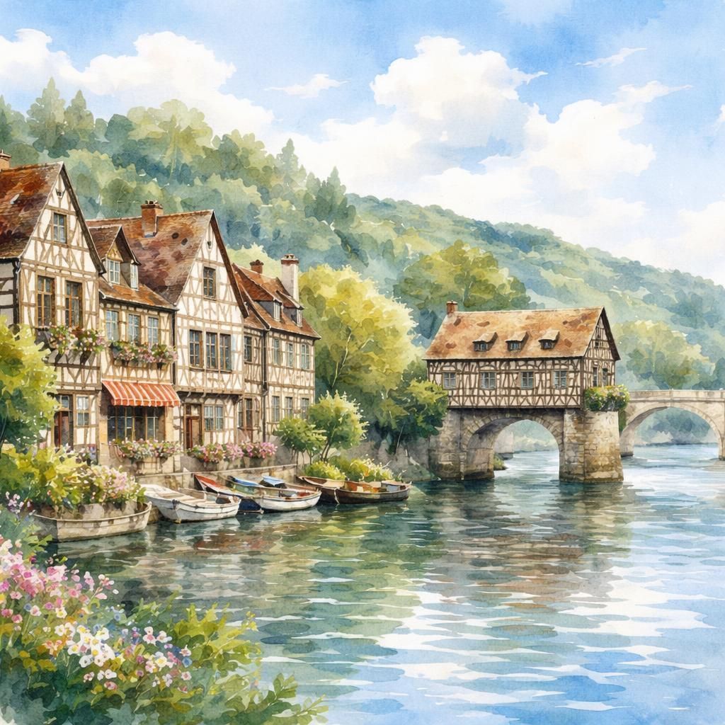 Aquarelle de Vernon, ville de l'Eure au bord de la Seine, avec ses maisons à colombages et ses quais