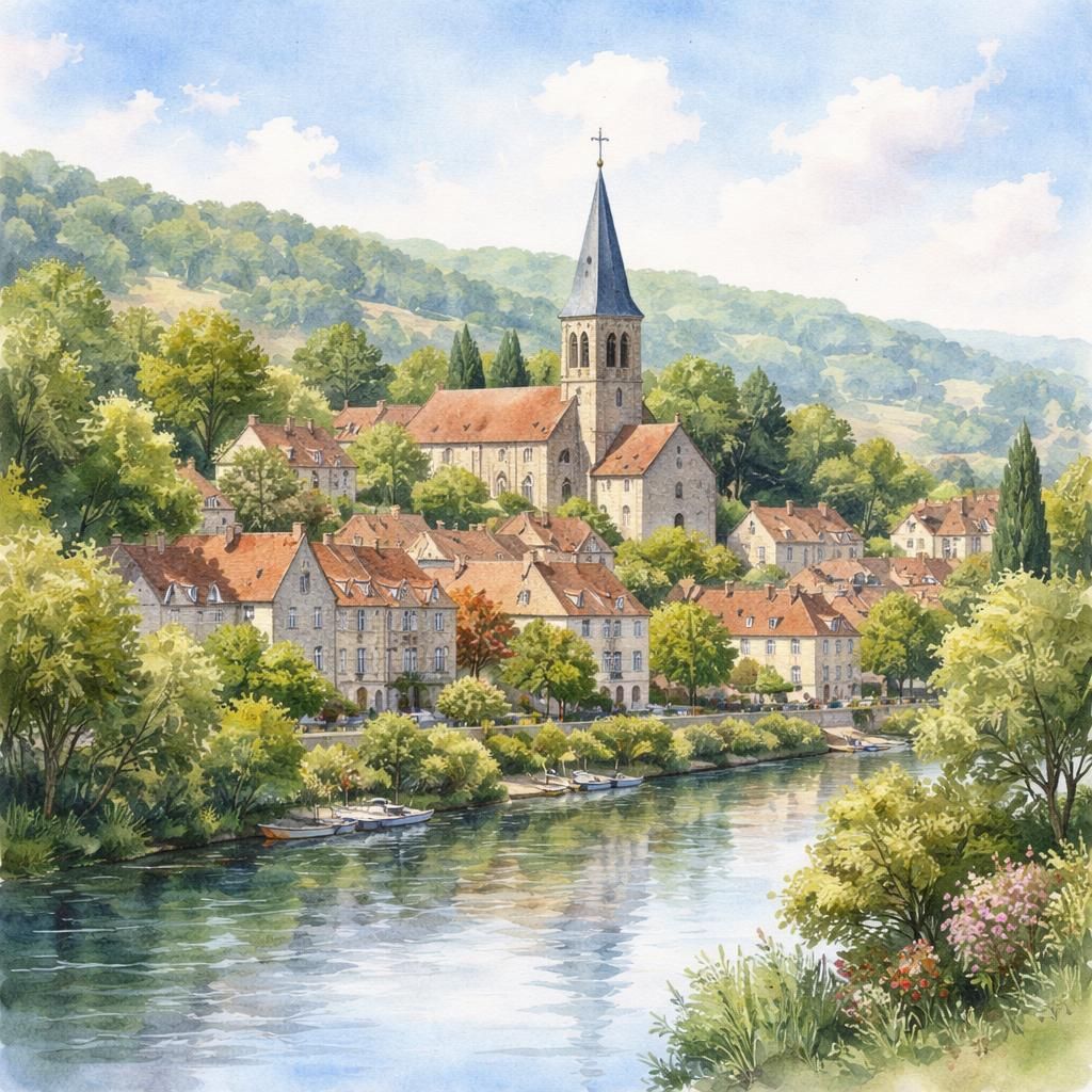 Aquarelle de Vernouillet (78), son église et les bords de Seine